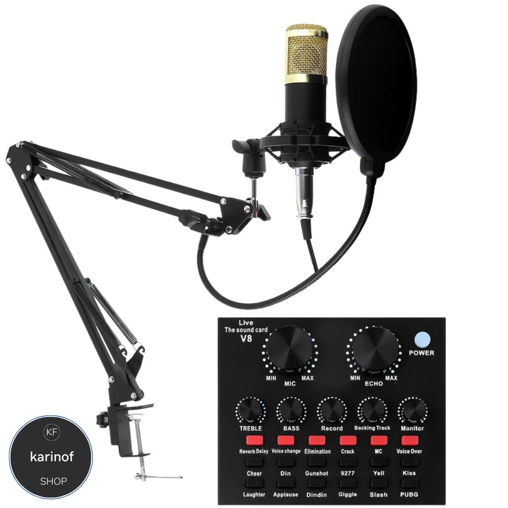 1 میکروفن کندانسر مدل legendary vocal + کارت صدا, پایه تلسکوپی, پاپ فیلتر